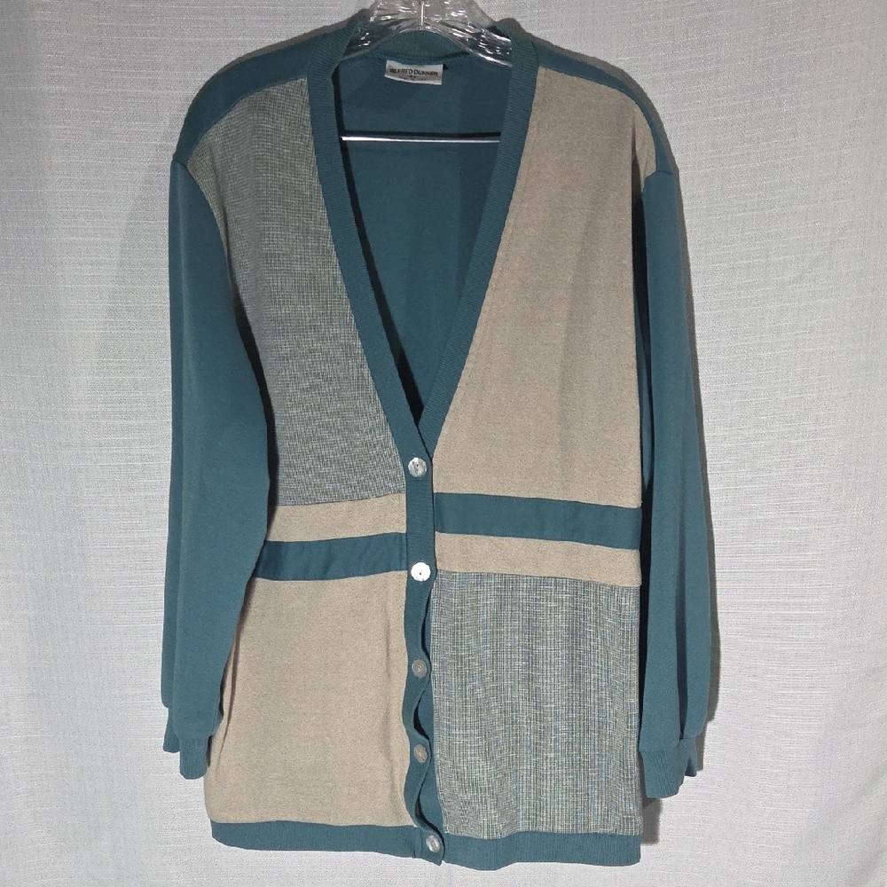 Alfred Dunner Teal Blue Beige Colorblock Button Front Cardigan Womens Size 2X